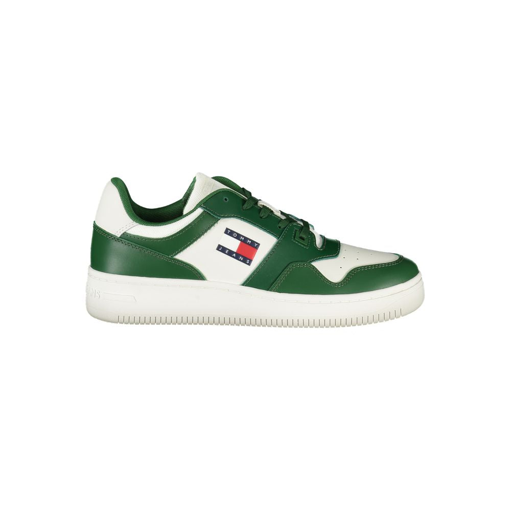 Tommy Hilfiger green leather men’s sneaker with iconic logo, perfect blend of style and comfort, featuring removable insole.