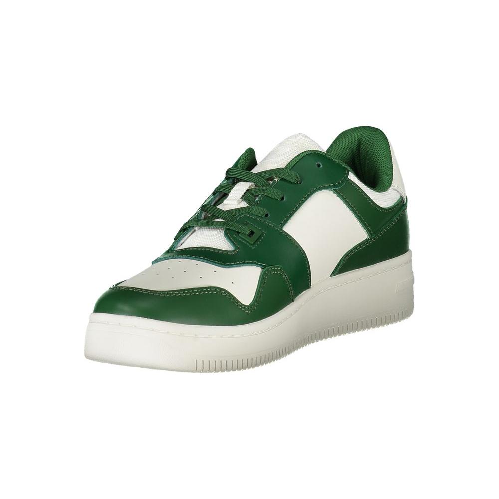 Tommy Hilfiger green leather men's sneaker with white sole and contrasting details, featuring comfort-focused removable insole.