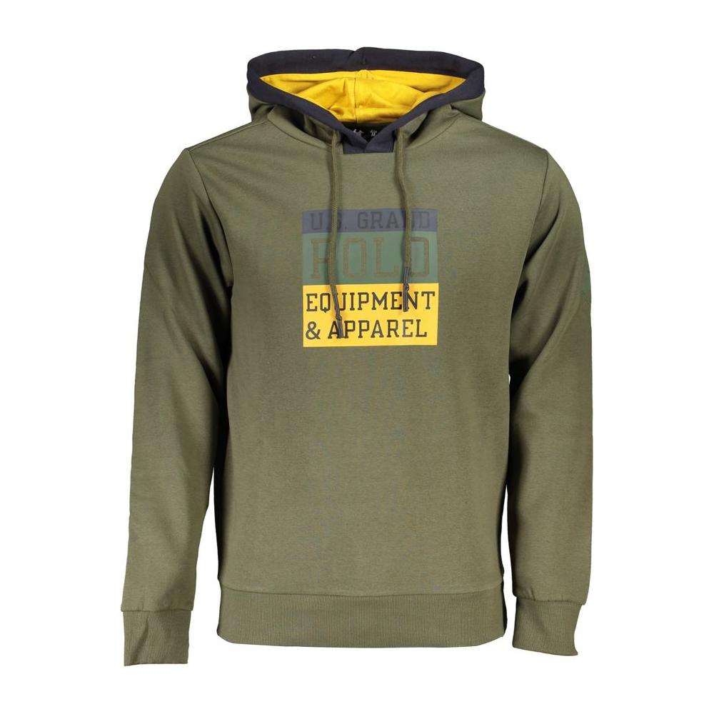Green U.S. Grand Polo fleece hooded sweater with contrast details, featuring logo print, made of cotton and polyester blend.