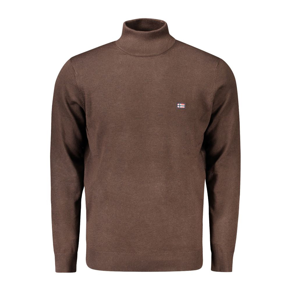 Norway 1963 brown polyamide men's sweater with high neck and embroidery detail.