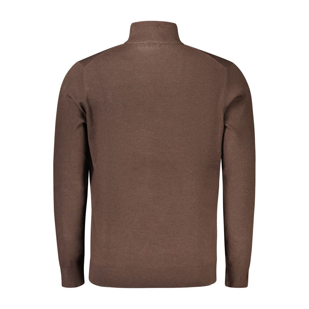 Back view of Norway 1963 Brown Polyamide Men's Sweater with high neck and long sleeves, showcasing chic embroidery detail.