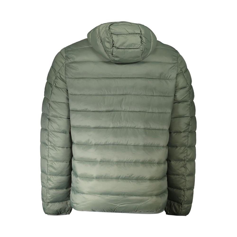 Back view of green polyamide Norway 1963 men's jacket with hood, designed for modern style and durability.