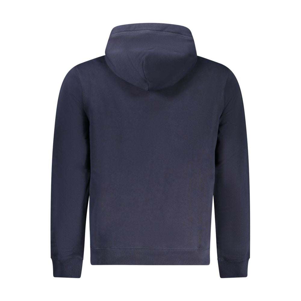 Back view of Napapijri blue cotton hoodie sweater with long sleeves and logo print, showcasing regular fit.