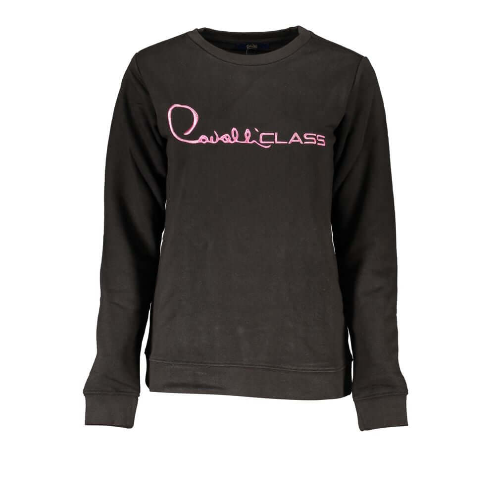Cavalli Class black cotton long-sleeve sweatshirt with crew neck and pink embroidery logo.