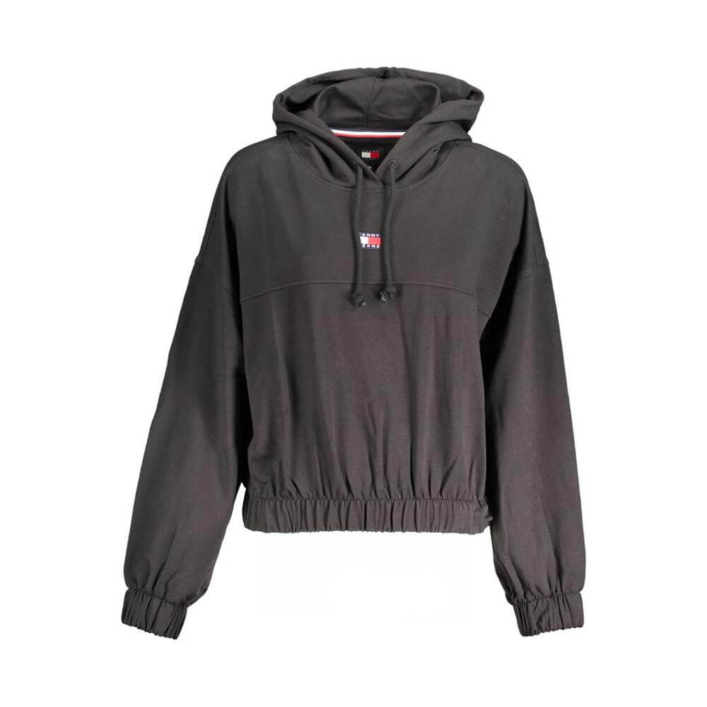 Tommy Hilfiger black hoodie sweatshirt with embroidery, elastic waist and cuffs, made of 95% regenerative cotton.