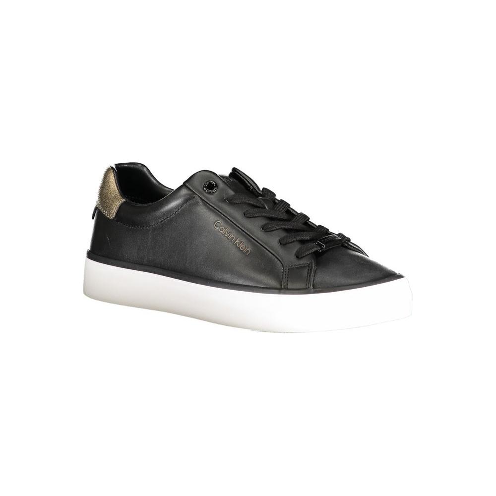 Calvin Klein black polyester sneaker with laces, contrast details, print, and logo design on white sole.