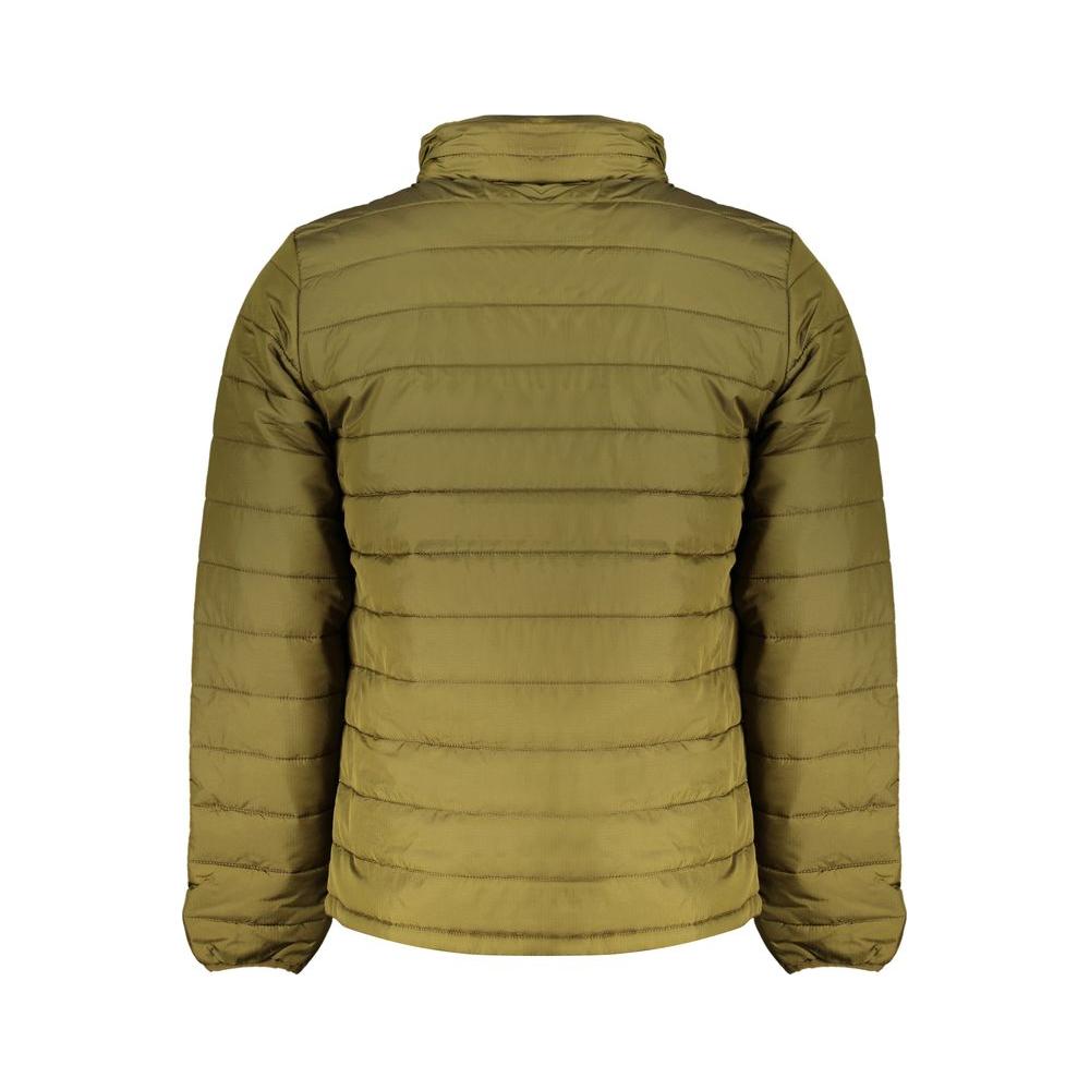 Back view of Timberland green polyester sports jacket with zip, logo, and pockets, made from 100% recycled nylon, ideal for mid-season.