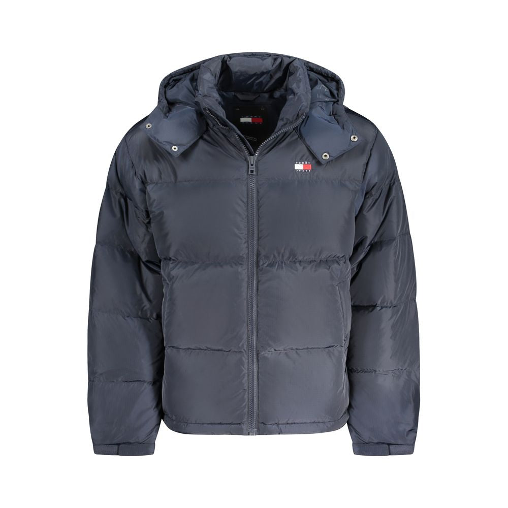 Tommy Hilfiger blue polyester men's jacket with removable hood, featuring long sleeves and stylish design.