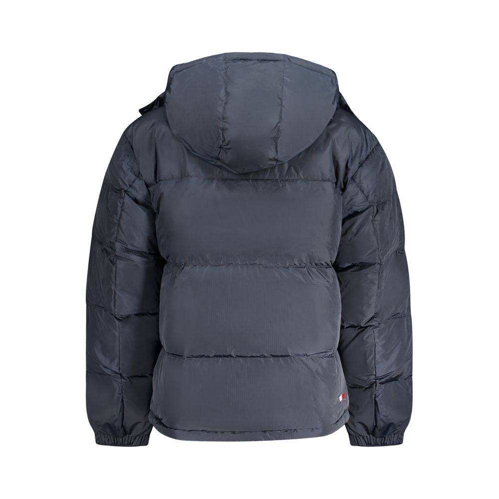 Back view of Tommy Hilfiger blue polyester men’s jacket with removable hood