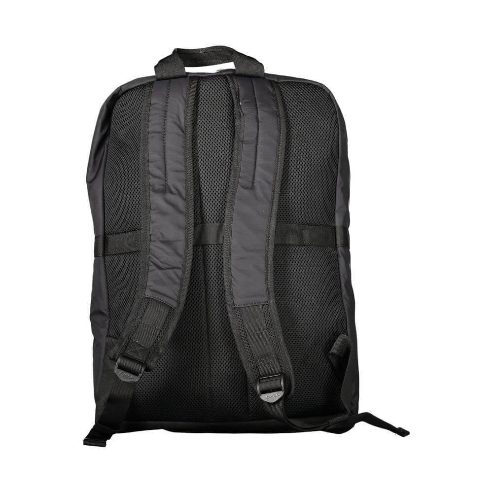 Back view of K-WAY Black Polyamide Men's Backpack with padded straps, perfect for comfort and organization in a sleek design.