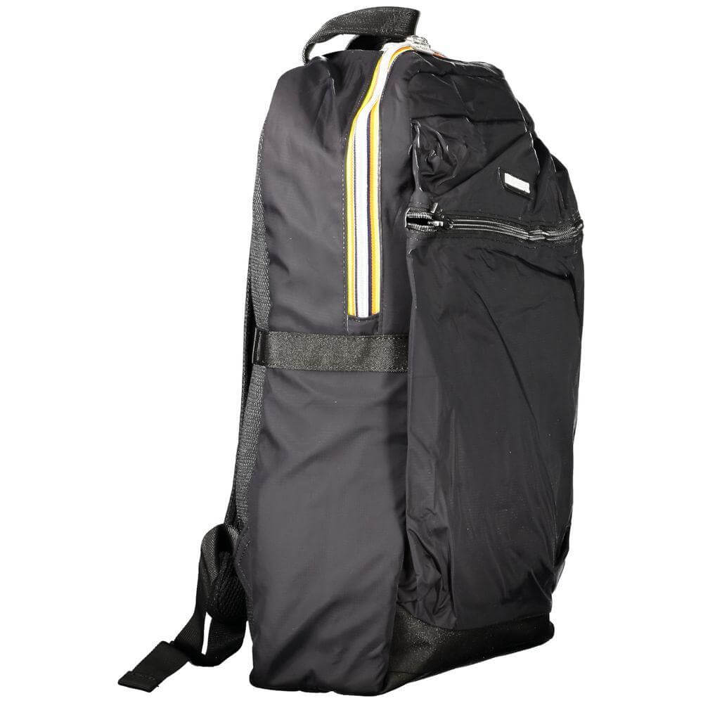 K-WAY black polyamide men's backpack with contrast detailing and multiple pockets, designed for modern functionality and style.