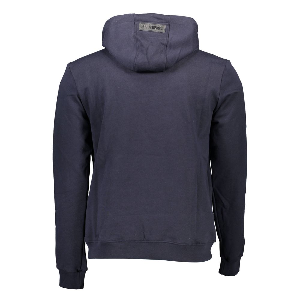 Back view of Plein Sport Blue Cotton Men Sweater featuring a hood and Italian craftsmanship.