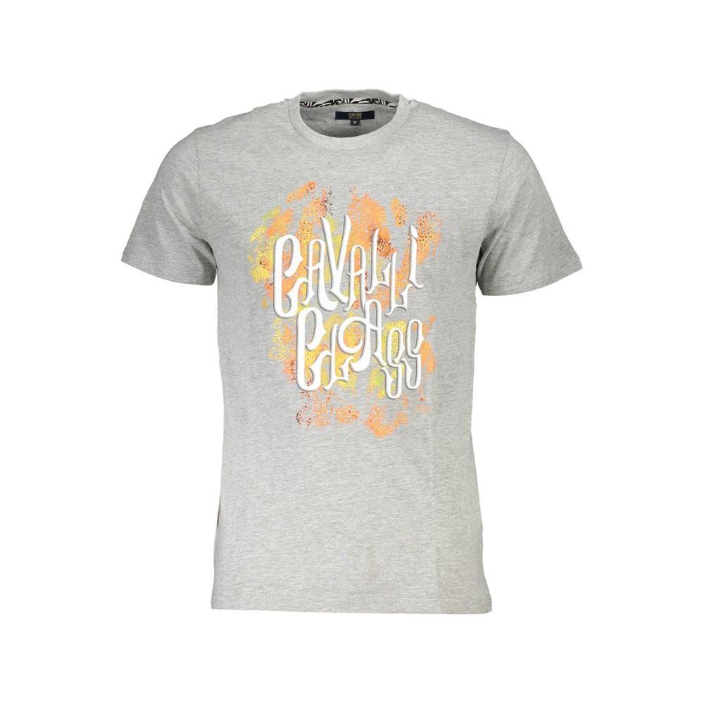 Cavalli Class Gray Cotton Men T-Shirt with Logo and Colorful Print, Round Neck, Short Sleeves - Stylish Wardrobe Essential