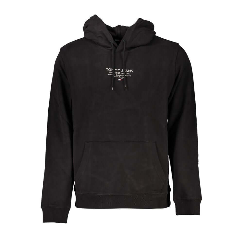 Tommy Hilfiger black hooded sweatshirt with long sleeves, featuring a central pocket and iconic logo print, made from 100% cotton.
