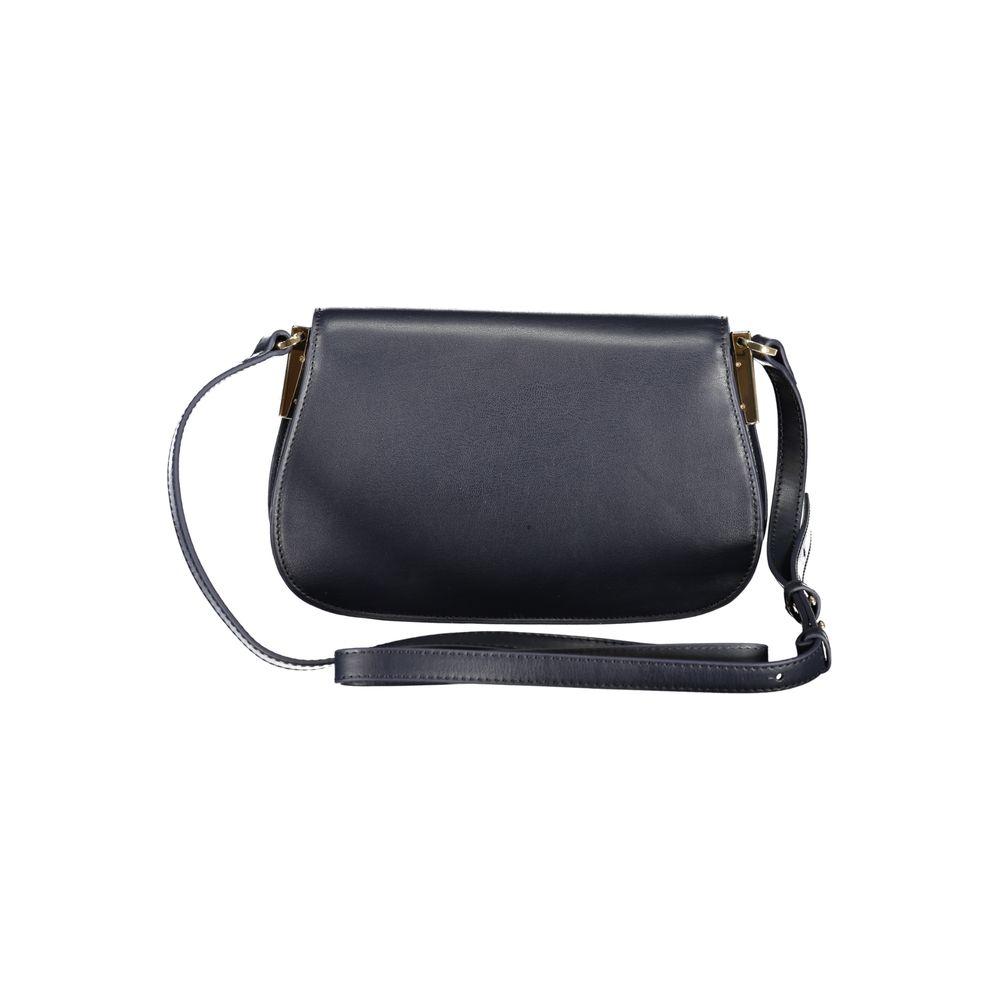 Tommy Hilfiger blue polyethylene handbag with adjustable shoulder strap, internal pocket, snap closure, and logo.