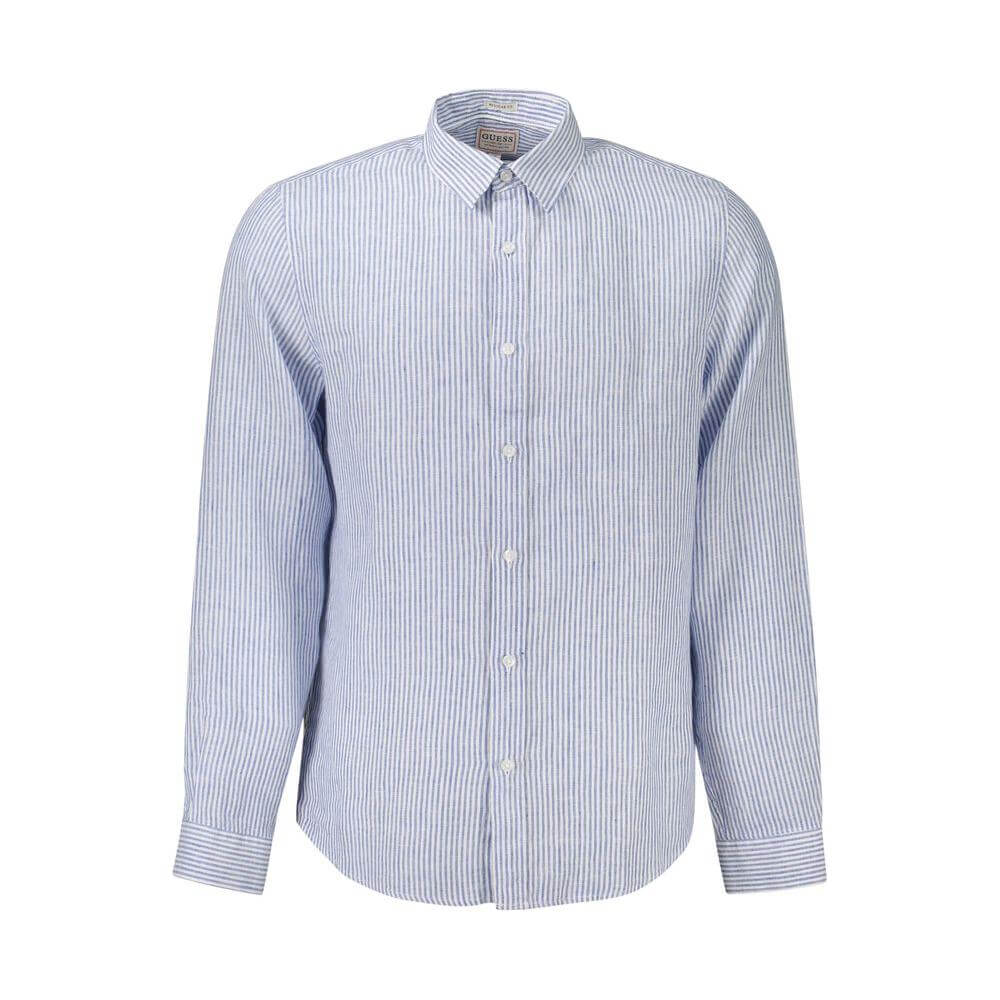 Guess Jeans blue linen men's shirt with stripes, Italian collar, and 1-button cuffs, showcasing casual elegance and iconic style.