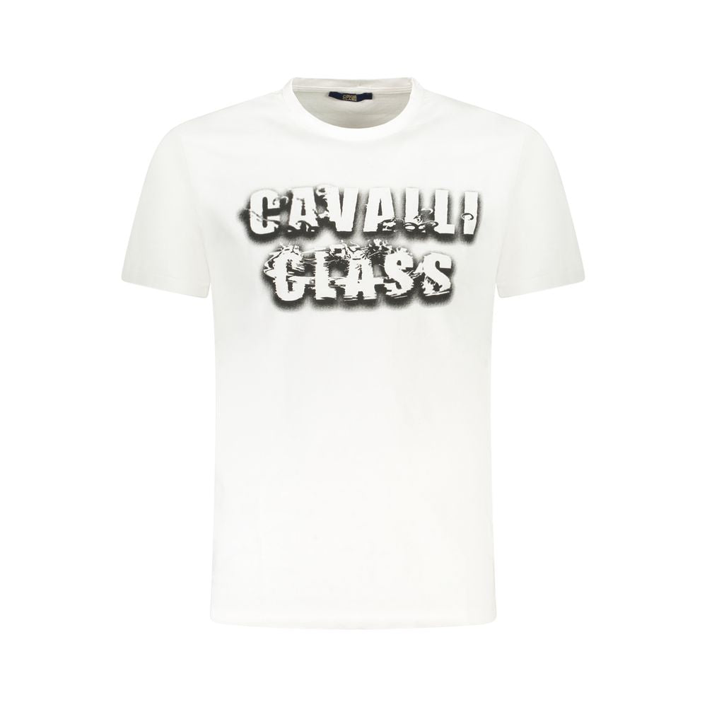 Cavalli Class white cotton men's T-shirt featuring bold logo print, short sleeves, crew neck design, and premium casual luxury style.