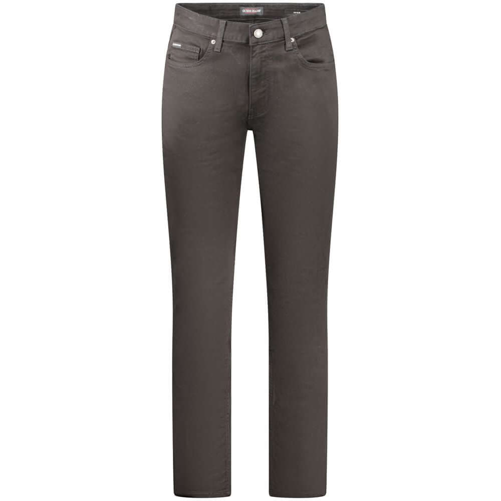 Guess Jeans black cotton men’s slim jeans with 5-pocket design, button and zip fastening, and subtle logo detail displayed.