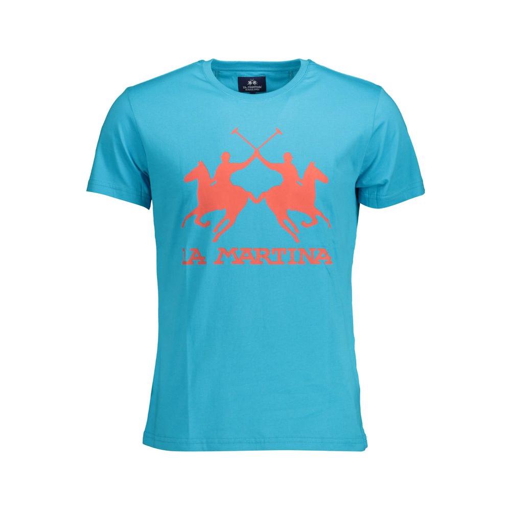 La Martina blue cotton men’s T-shirt with iconic logo and eye-catching print, crew neck, and short sleeves for casual sophistication.