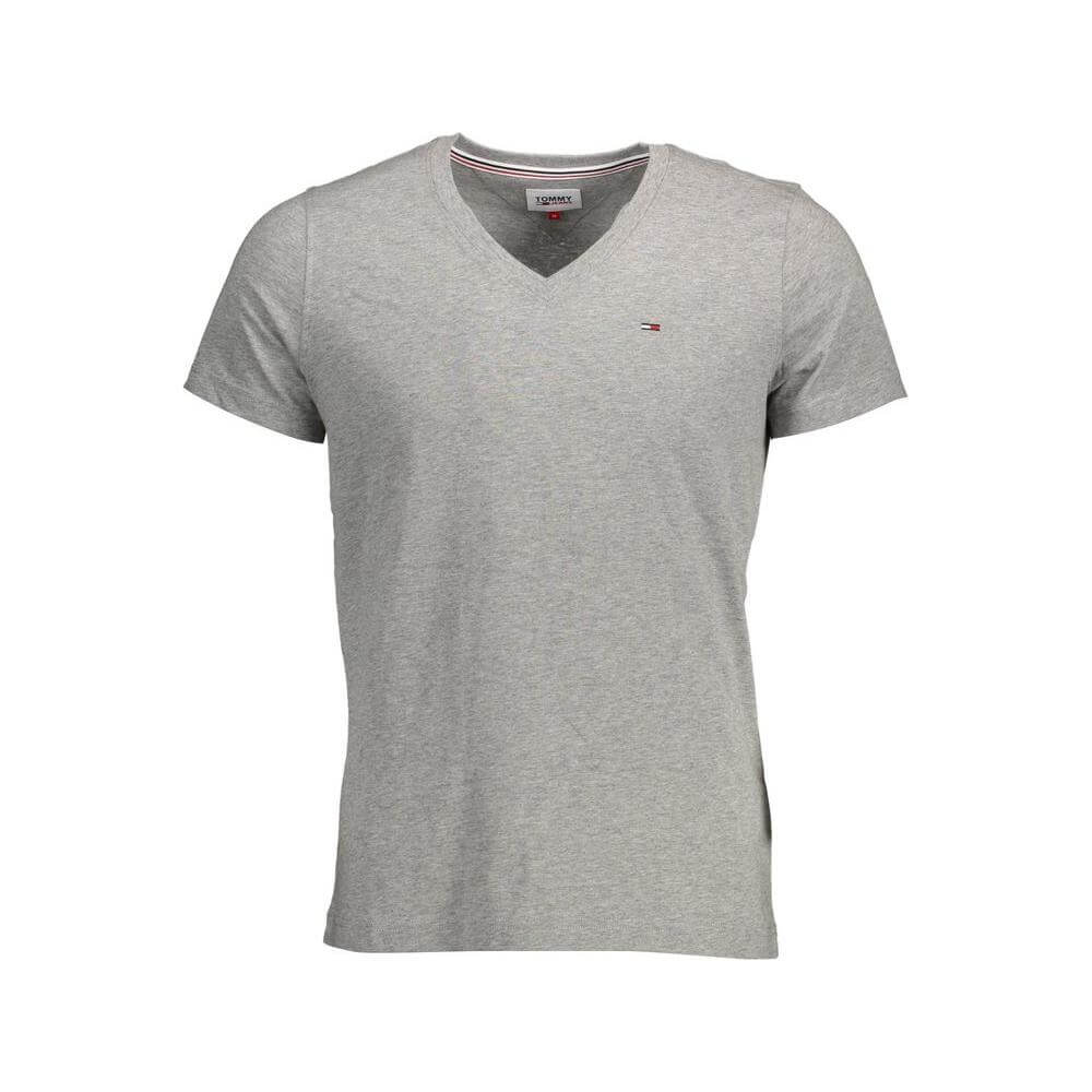 Tommy Hilfiger gray cotton T-shirt for men with V-neck and iconic logo, made from 100% organic cotton. Casual yet luxurious style.