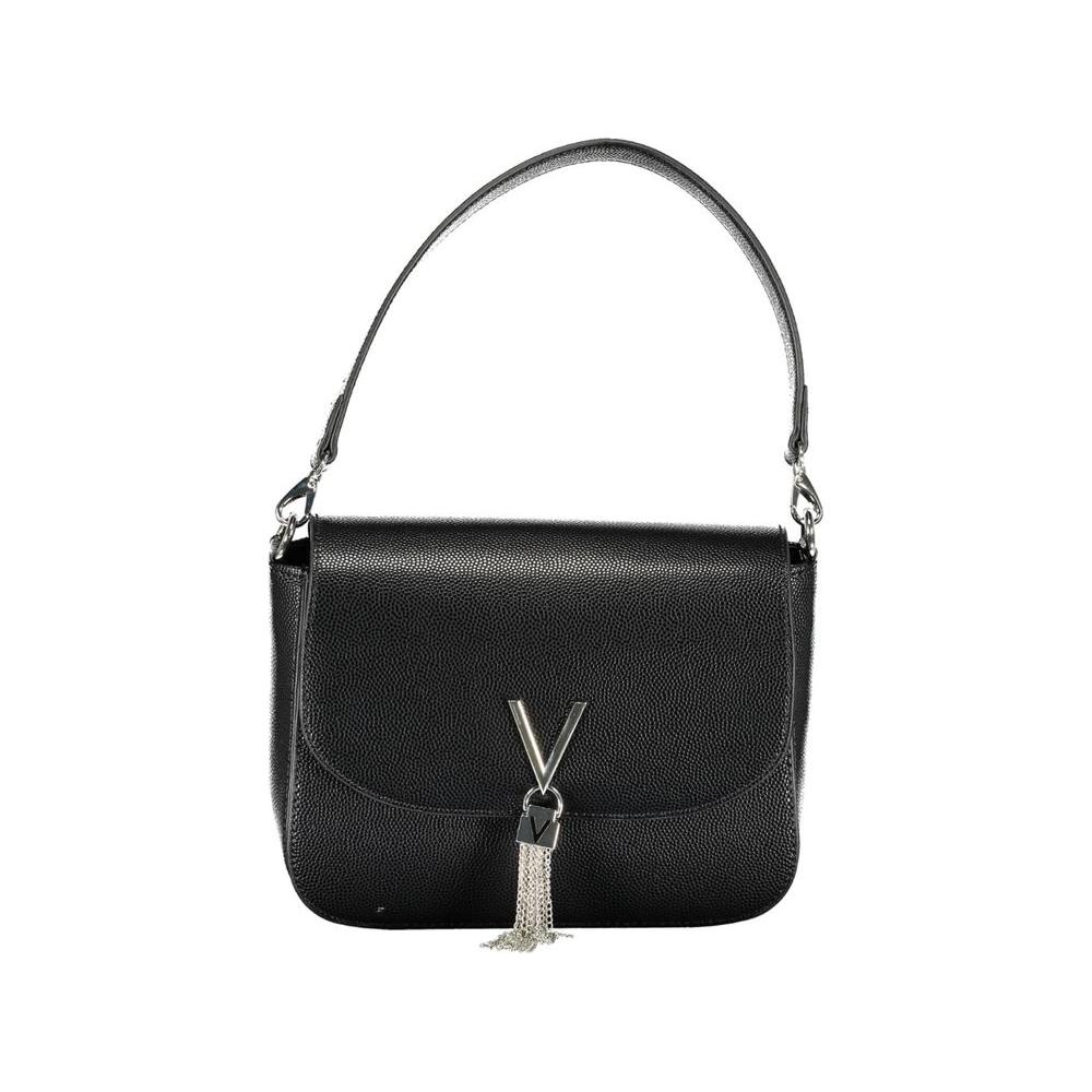 Valentino black polyethylene handbag with removable shoulder strap and chain, featuring logo, zip and magnet closure, and contrasting details.
