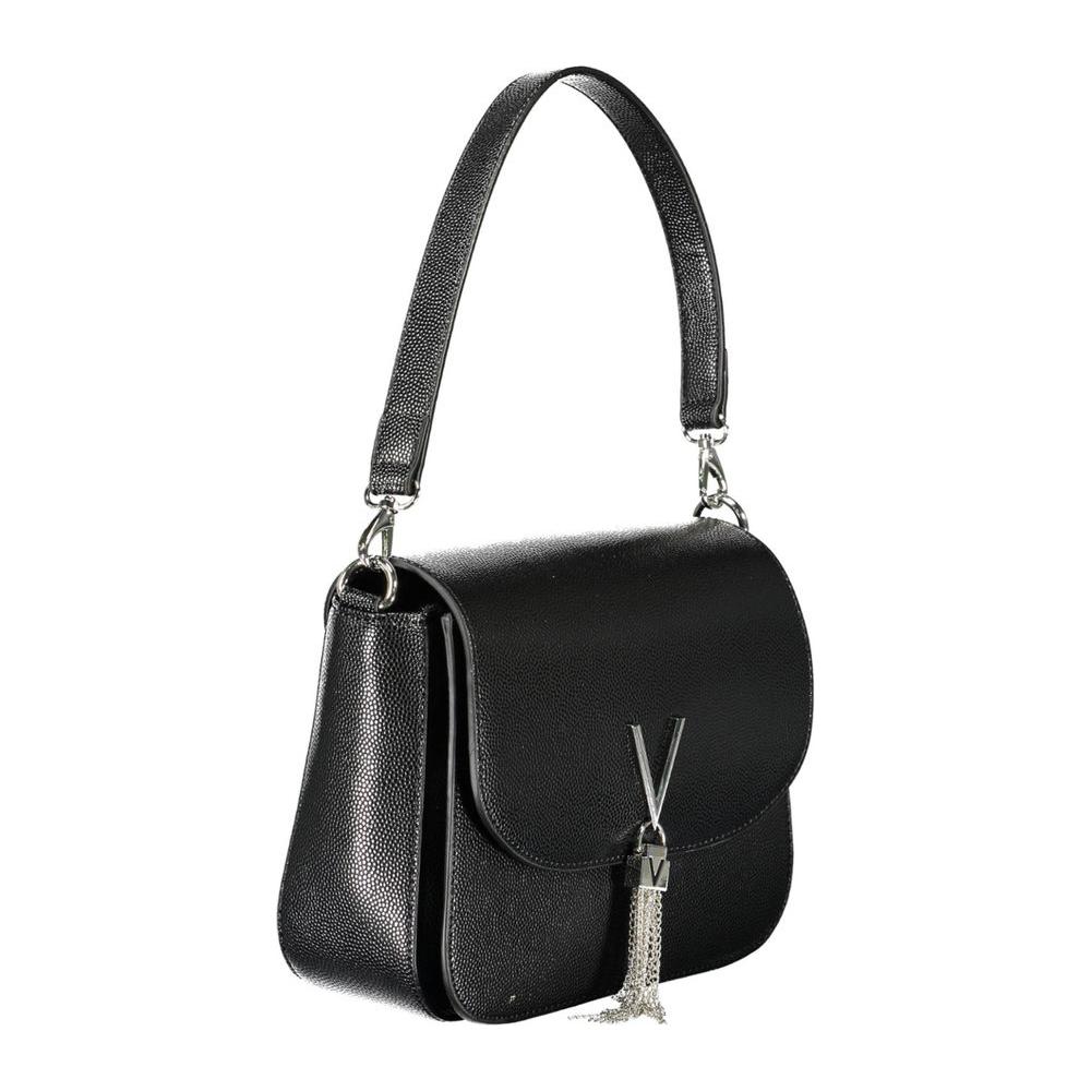 Valentino black polyethylene handbag with removable shoulder handle, chain strap, contrasting details, and logo charm.