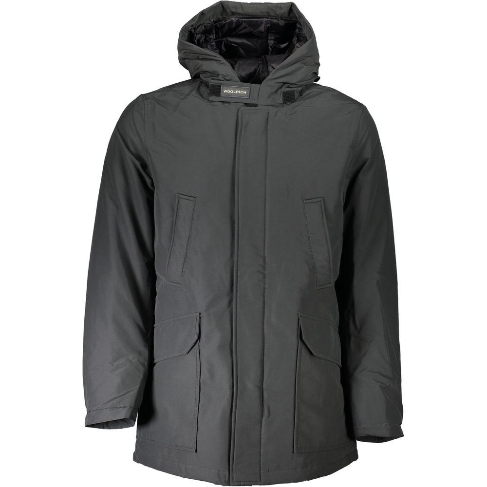 Woolrich gray cotton men's jacket with hood, four pockets, and zip-button closure, offering style and functionality.