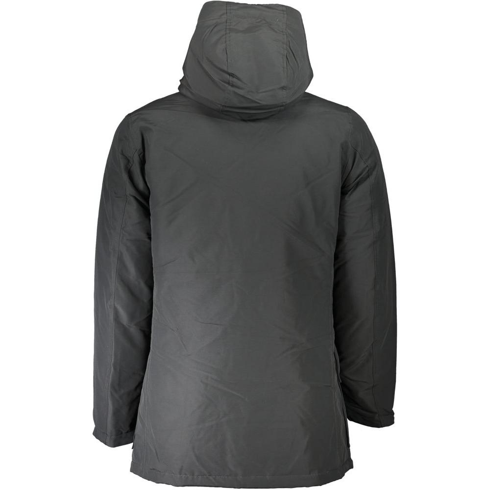 Back view of Woolrich gray cotton men's jacket with hood, showcasing durable design and rugged sophistication.