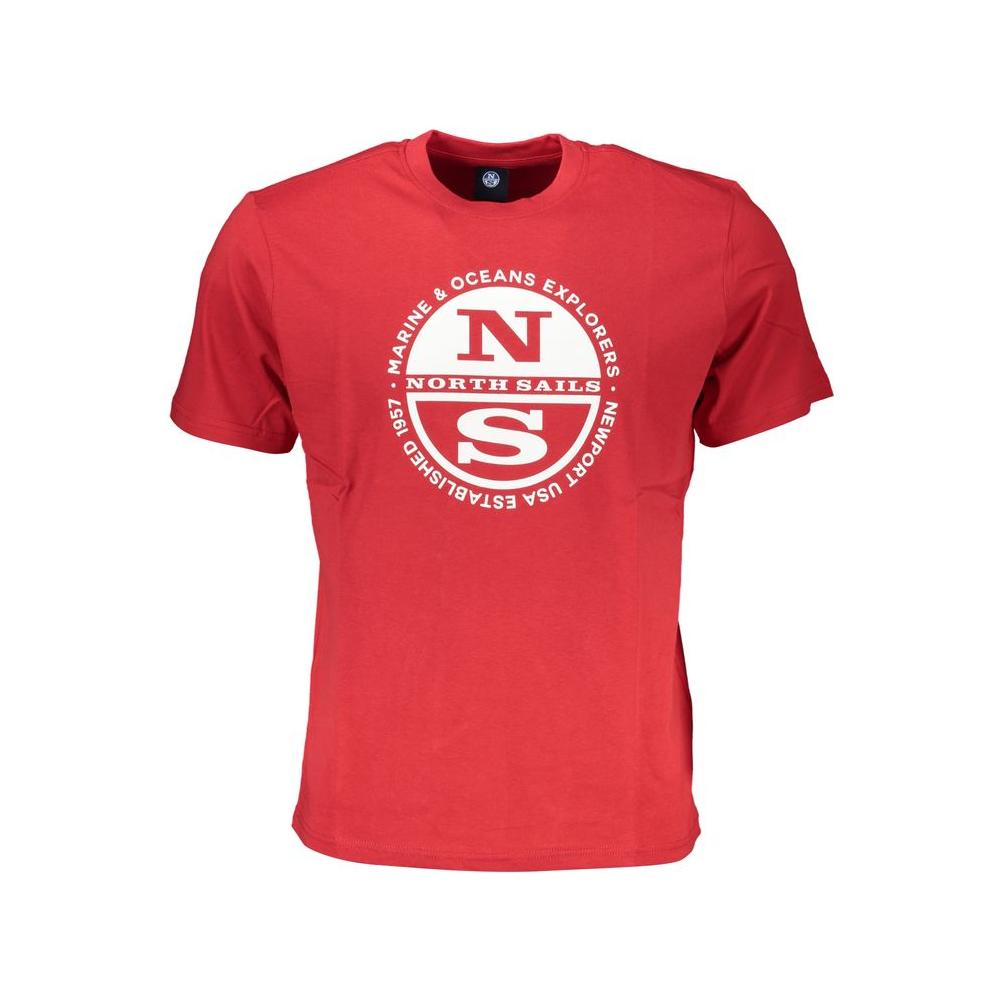 North Sails red cotton T-shirt with short sleeves, crew neck, printed logo, ideal for marine explorers and casual wear.