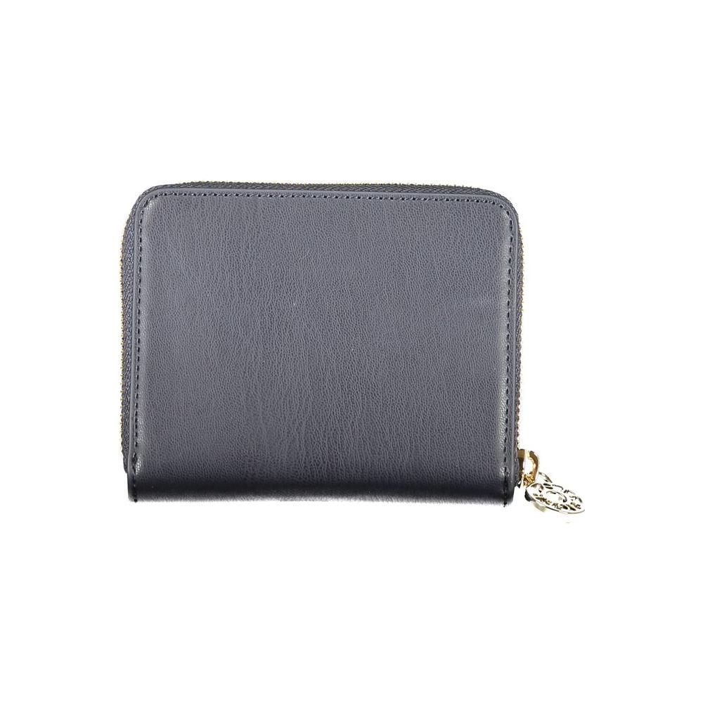 Tommy Hilfiger blue polyethylene wallet with zip closure, multiple compartments, coin purse, card slots, and external pocket.
