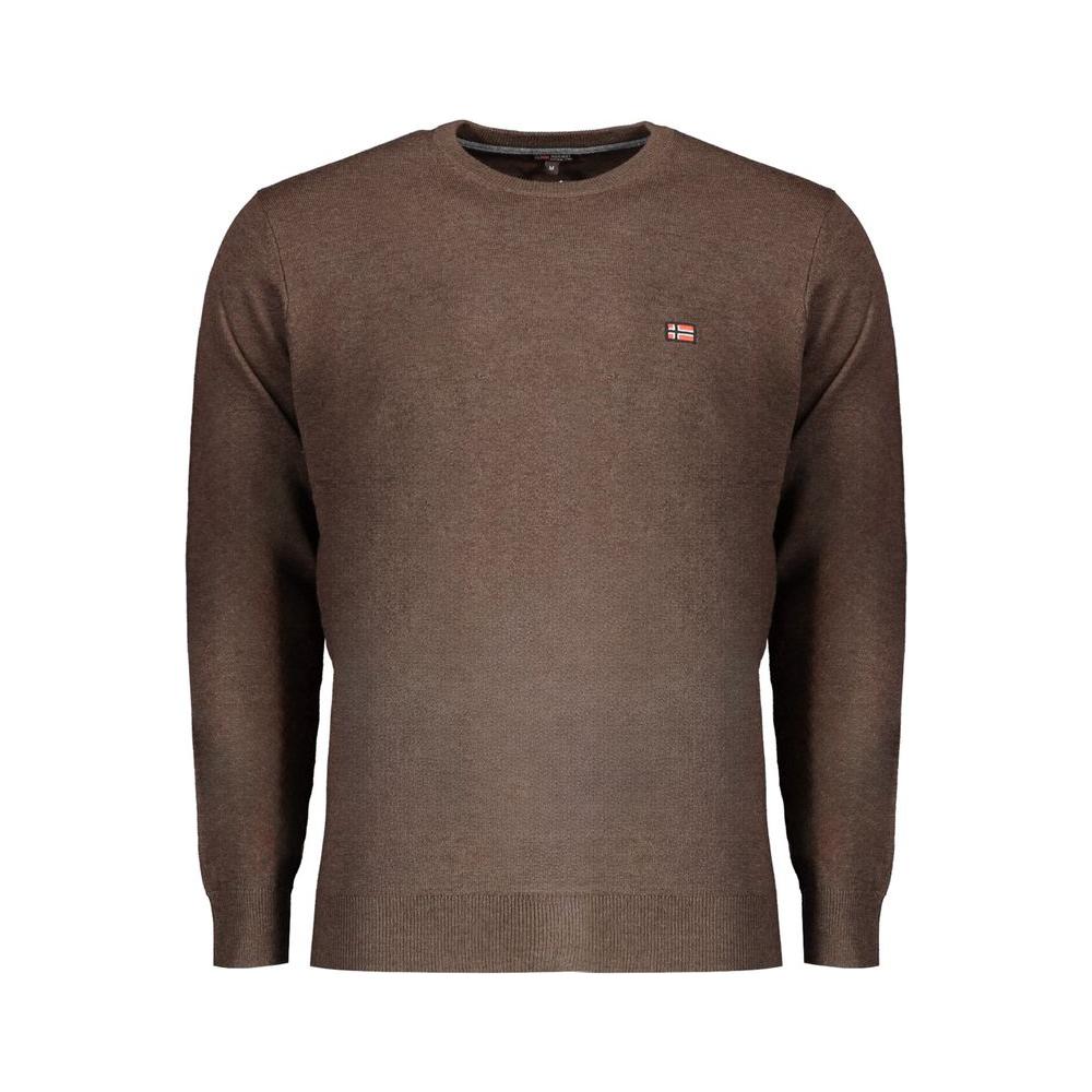 Norway 1963 brown wool men's sweater, long-sleeved with crew neck, elegant design featuring subtle embroidery detail and logo.