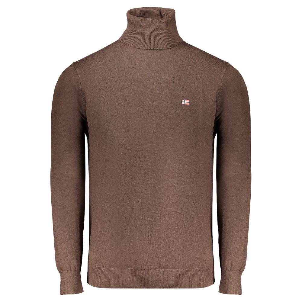 Norway 1963 brown turtleneck sweater, embroidered logo, long sleeves, polyester. Classic style and comfortable fit.