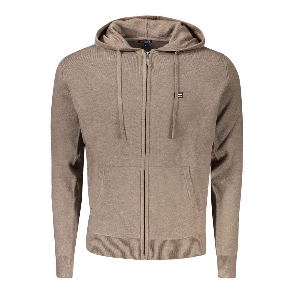 Norway 1963 brown polyamide men's cardigan with hood, zip fastening, and logo, offering warmth and sophistication.