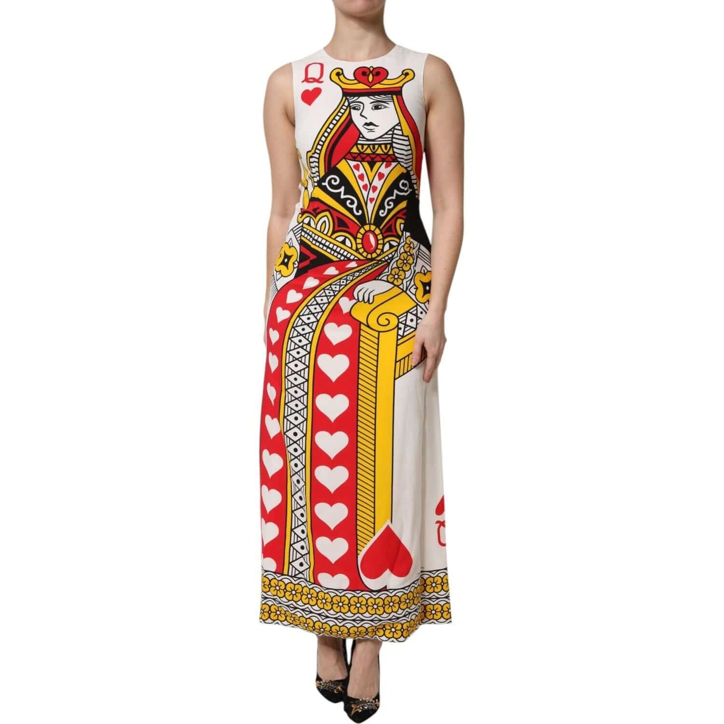 Dolce & Gabbana White Queen Of Hearts Sleeveless Maxi Dress, silk blend with exclusive print. Luxury Italian fashion.
