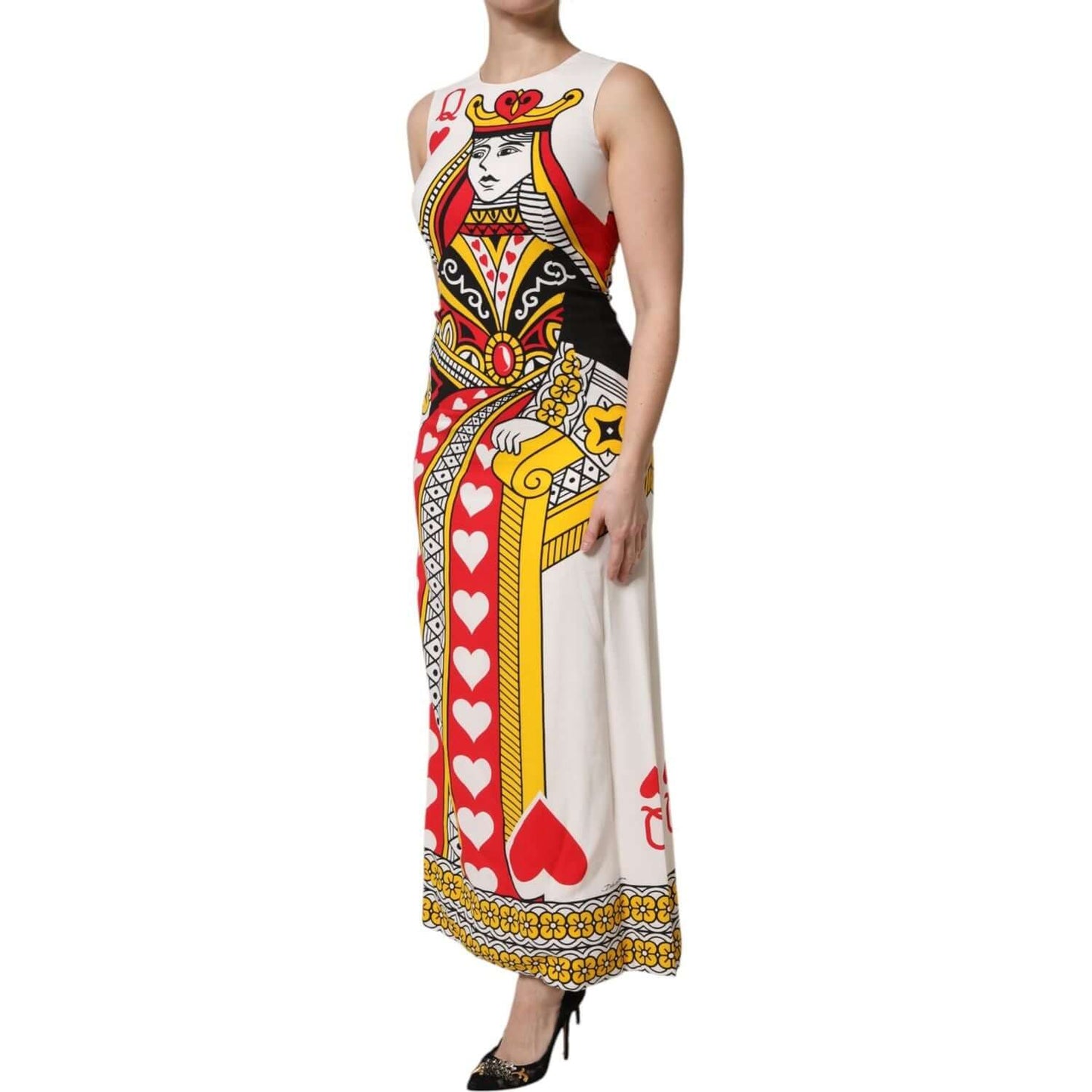 Dolce & Gabbana White Queen of Hearts Sleeveless Maxi Dress featuring card print design, made in Italy from silk and elastane.