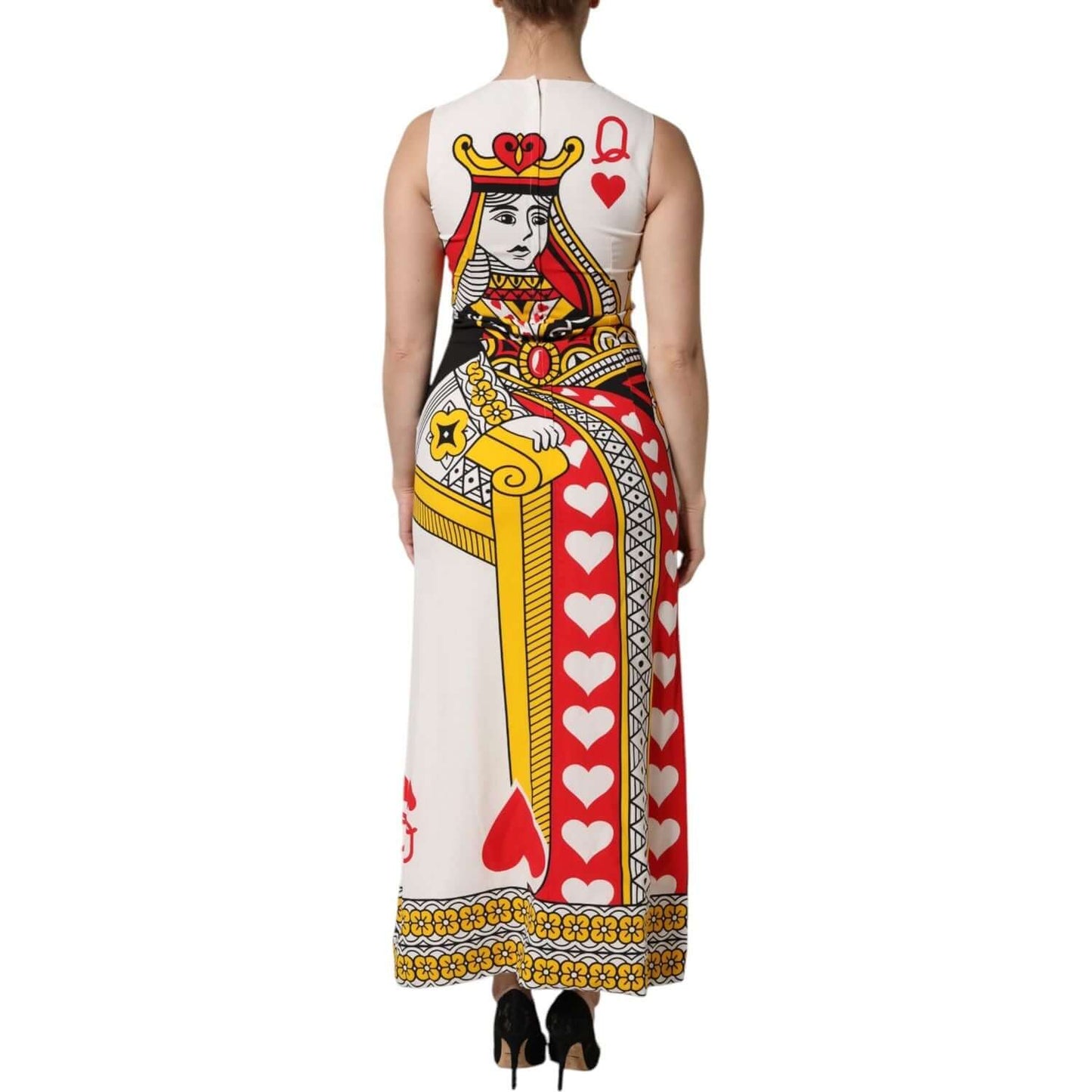 Back view of Dolce & Gabbana white maxi dress with Queen of Hearts print, sleeveless design, zipper closure, high-quality silk fabric.