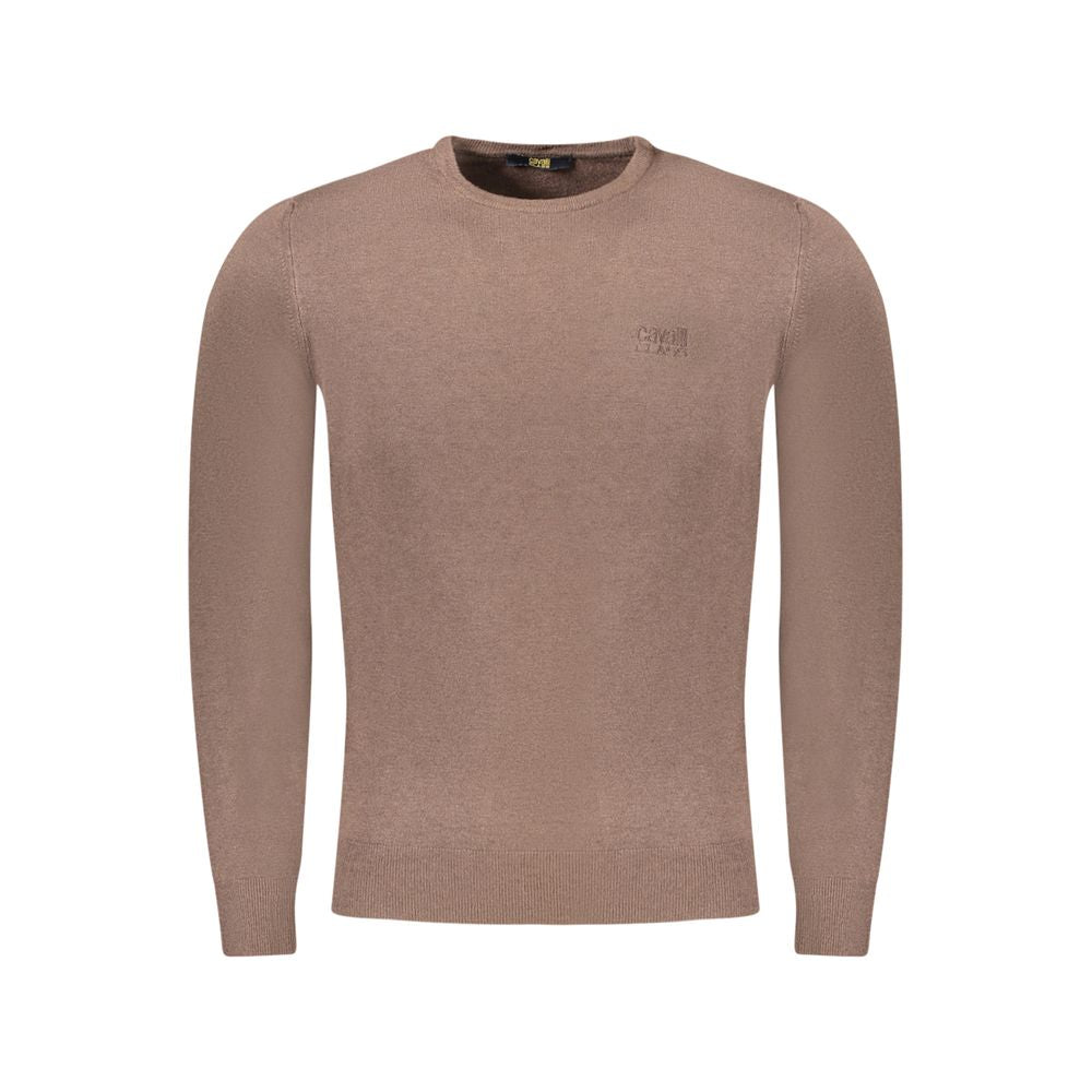 Cavalli Class Brown Viscose Men Sweater with logo embroidery, long sleeves, showcasing luxurious design in rich brown.