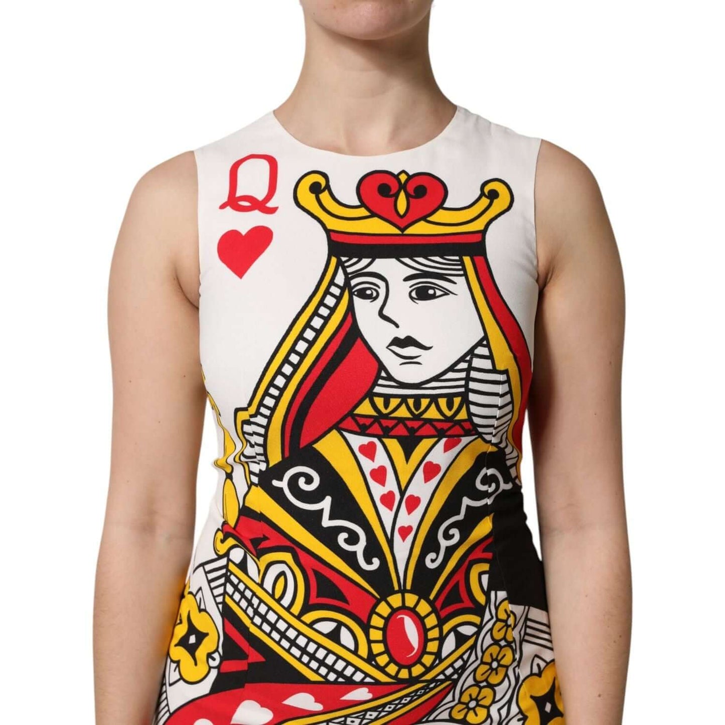 Dolce & Gabbana Queen of Hearts print maxi dress, sleeveless and white. Silk and elastane blend, luxurious Italian craftsmanship.