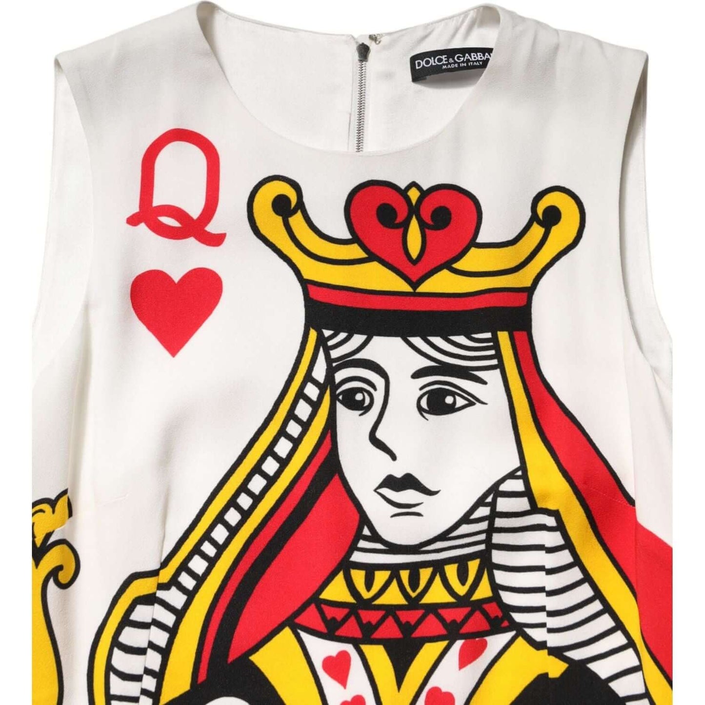 Dolce & Gabbana white Queen of Hearts sleeveless maxi dress close-up, featuring silk material and intricate print design.