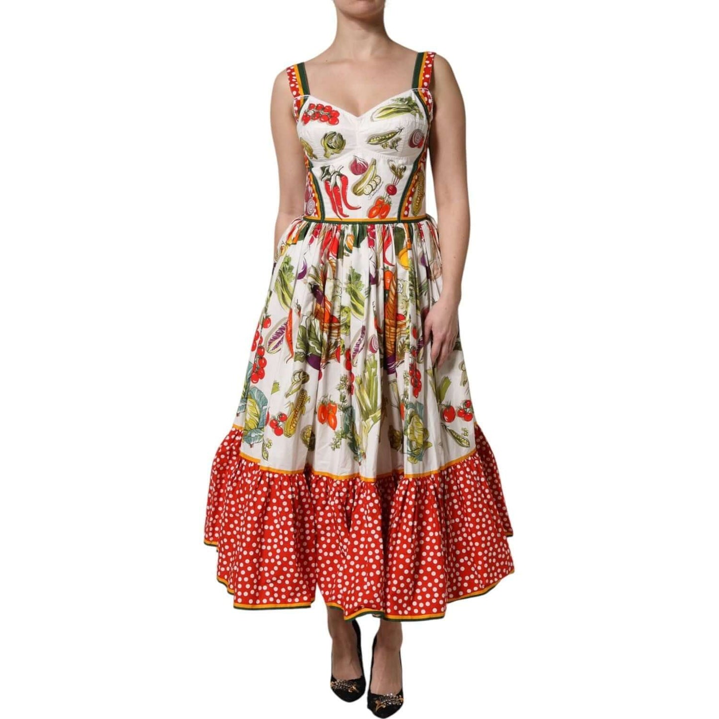 Dolce & GabbanaDolce & Gabbana White Vegetables Sleeveless A-line Dress1728,67345645728,Dolce & Gabbana,Dresses - Women - Clothing,IT36|XXS,IT38 | XS,IT40|S,IT42|M,IT46|XL,IT50|3XL,Material: 100% Cotton,New with tags,White,Women
