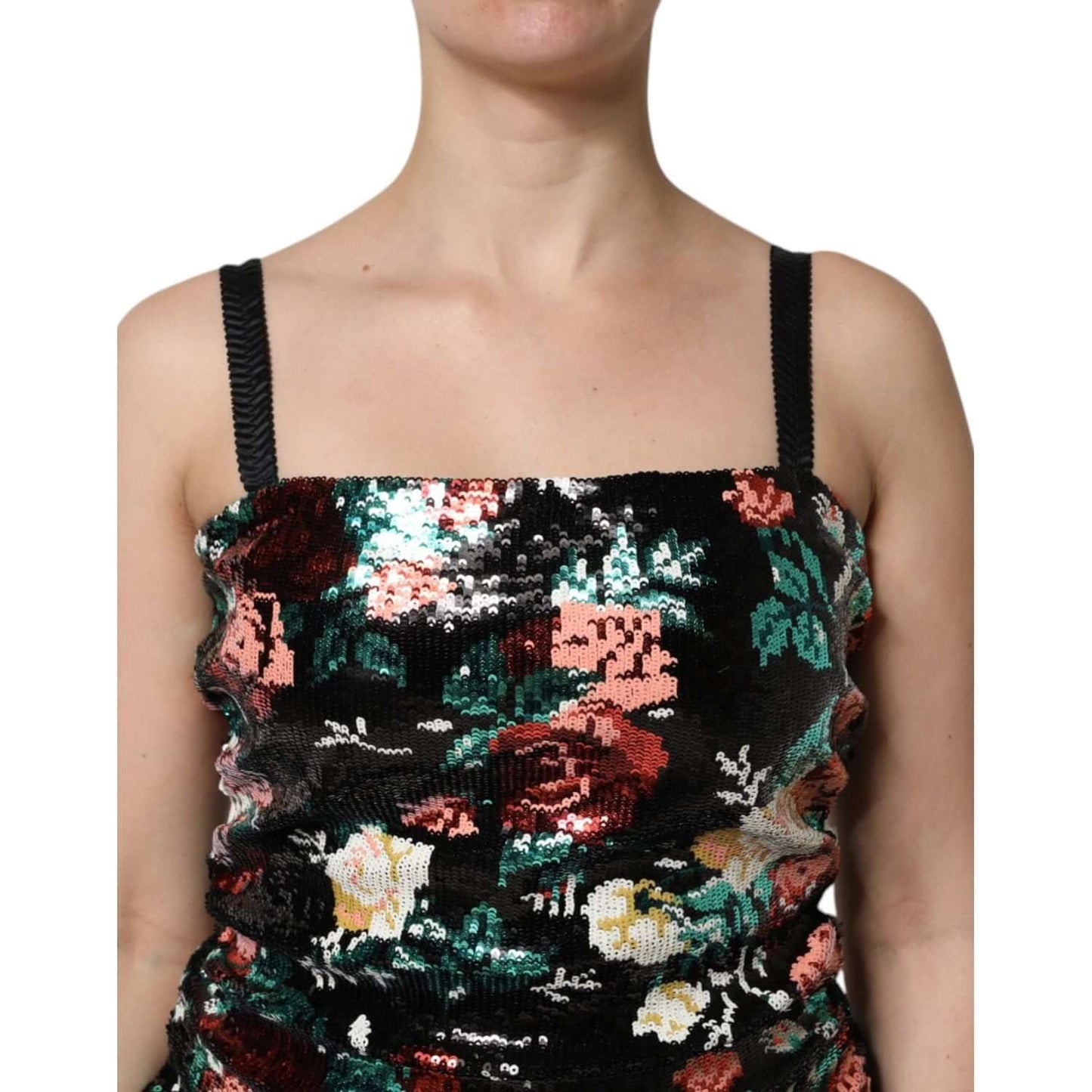 Close-up of Dolce & Gabbana black floral sequin sleeveless sheath dress, showcasing exquisite craftsmanship and vibrant floral design.