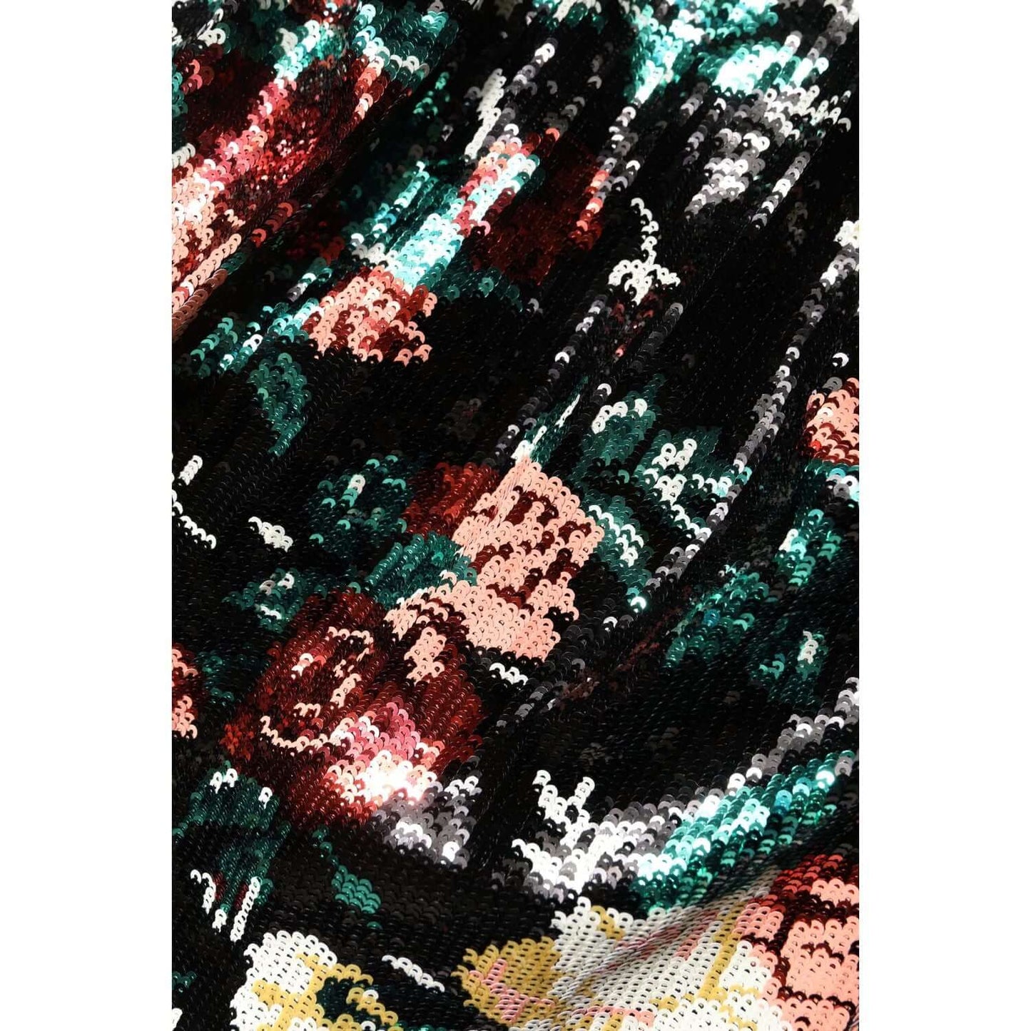 Close-up of Dolce & Gabbana black floral sequin fabric from a sleeveless sheath dress; luxurious craftsmanship in Italy.
