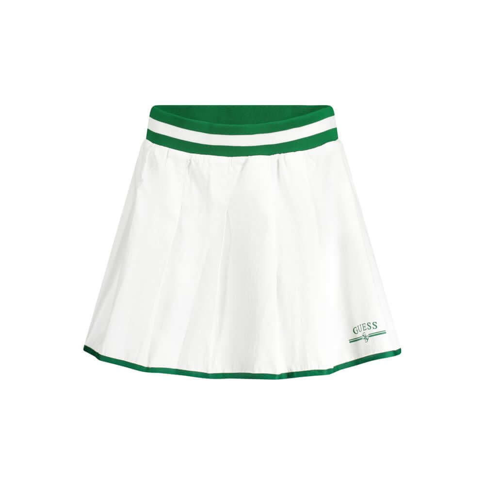 Guess Jeans white polyester women's skirt with elastic waist and green accents, featuring an iconic logo. Fashion-forward chic design.
