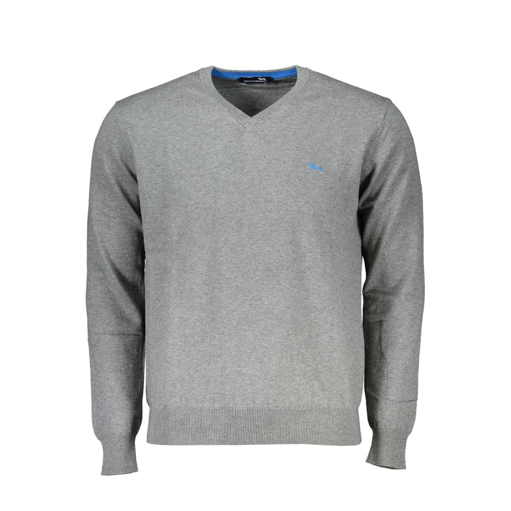 Harmont & Blaine gray V-neck cotton sweater for men, with logo embroidery, long sleeves, elegant and cozy for layering or standalone.