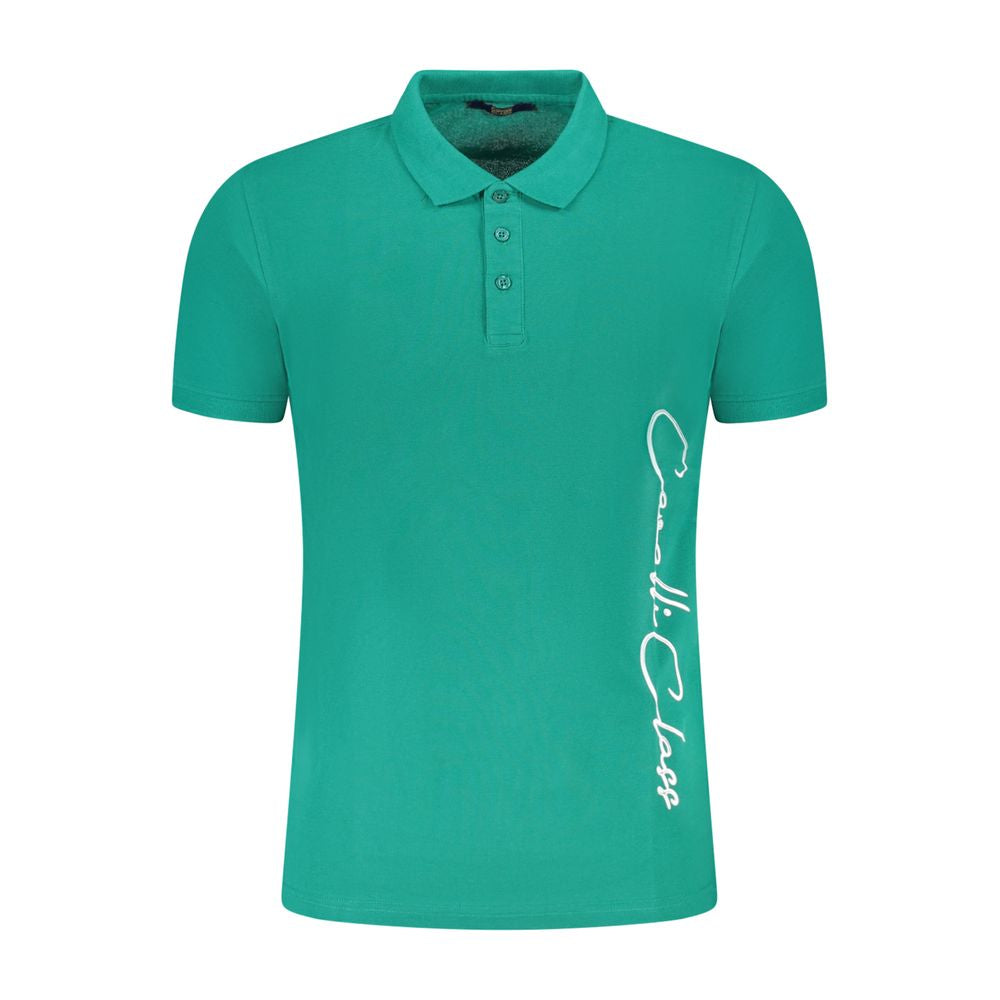 Cavalli Class green cotton men polo shirt with short sleeves, buttoned front, eye-catching print, and logo.