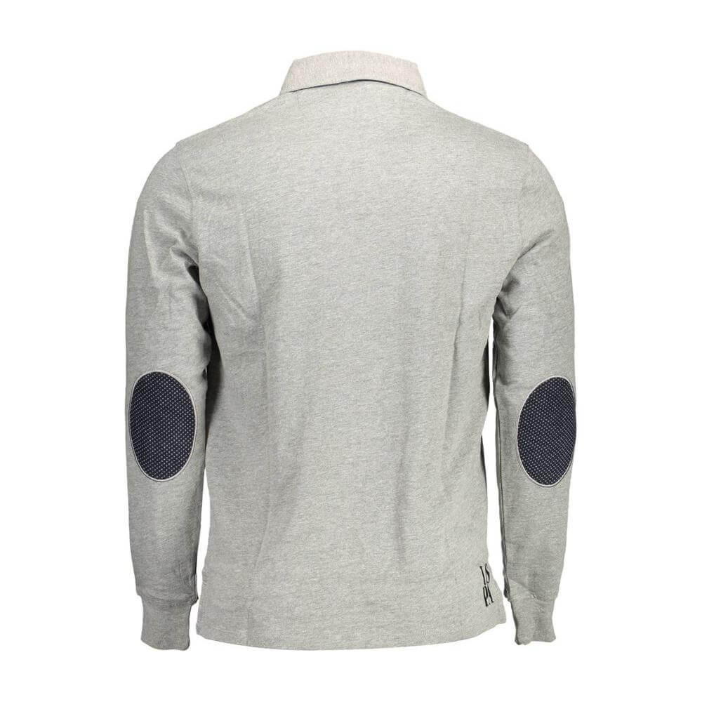 Gray U.S. POLO ASSN. cotton men's polo shirt with elbow patches, back view. Casual elegance and modern style for fashion enthusiasts.