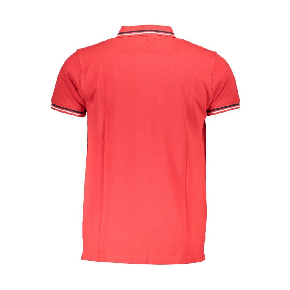Cavalli Class red cotton polo shirt, short-sleeved with 3 buttons, contrasting details, and logo on print, rear view.