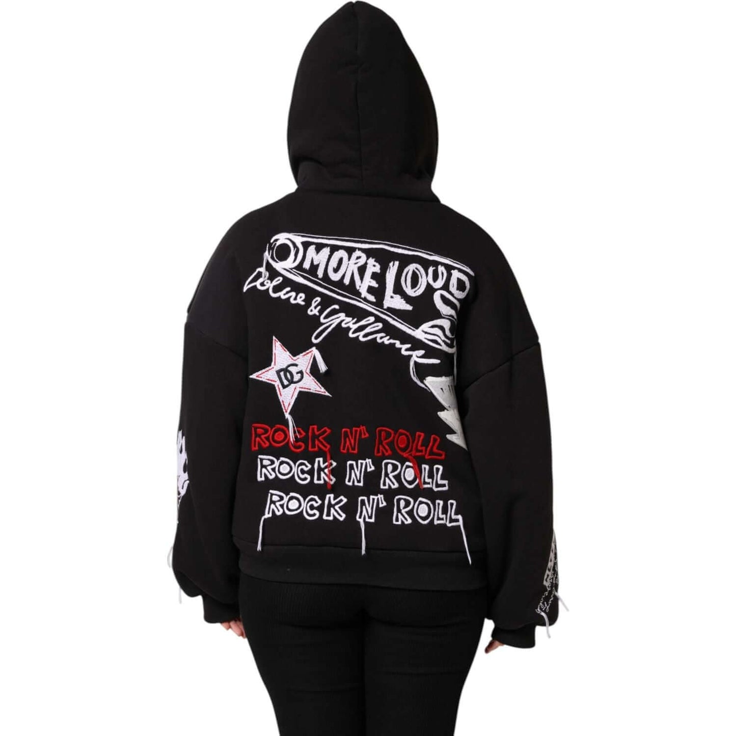 Person wearing Dolce & Gabbana black embroidered hooded jacket with rock 'n' roll motif, full zip, 100% cotton, made in Italy.