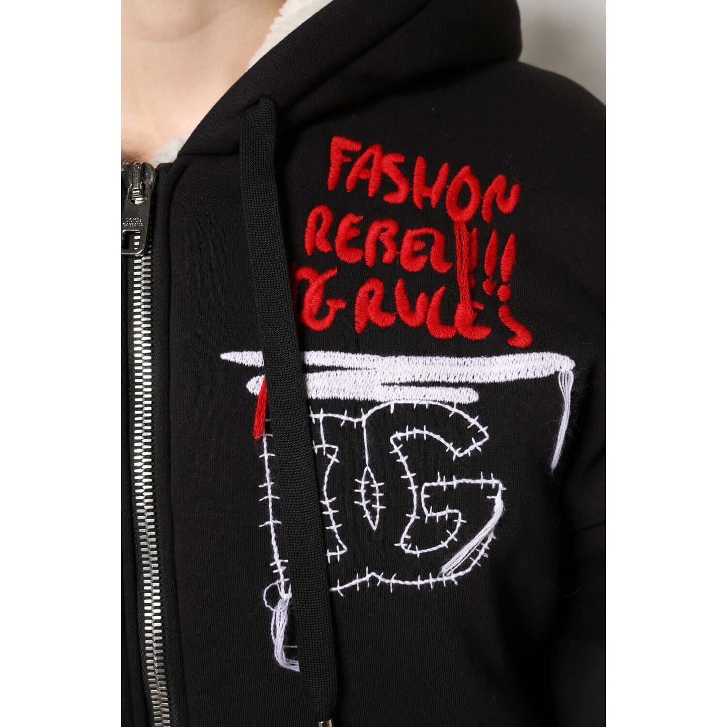 Dolce & Gabbana black hooded jacket with embroidery detail, full zip closure, luxury fashion, 100% cotton, made in Italy