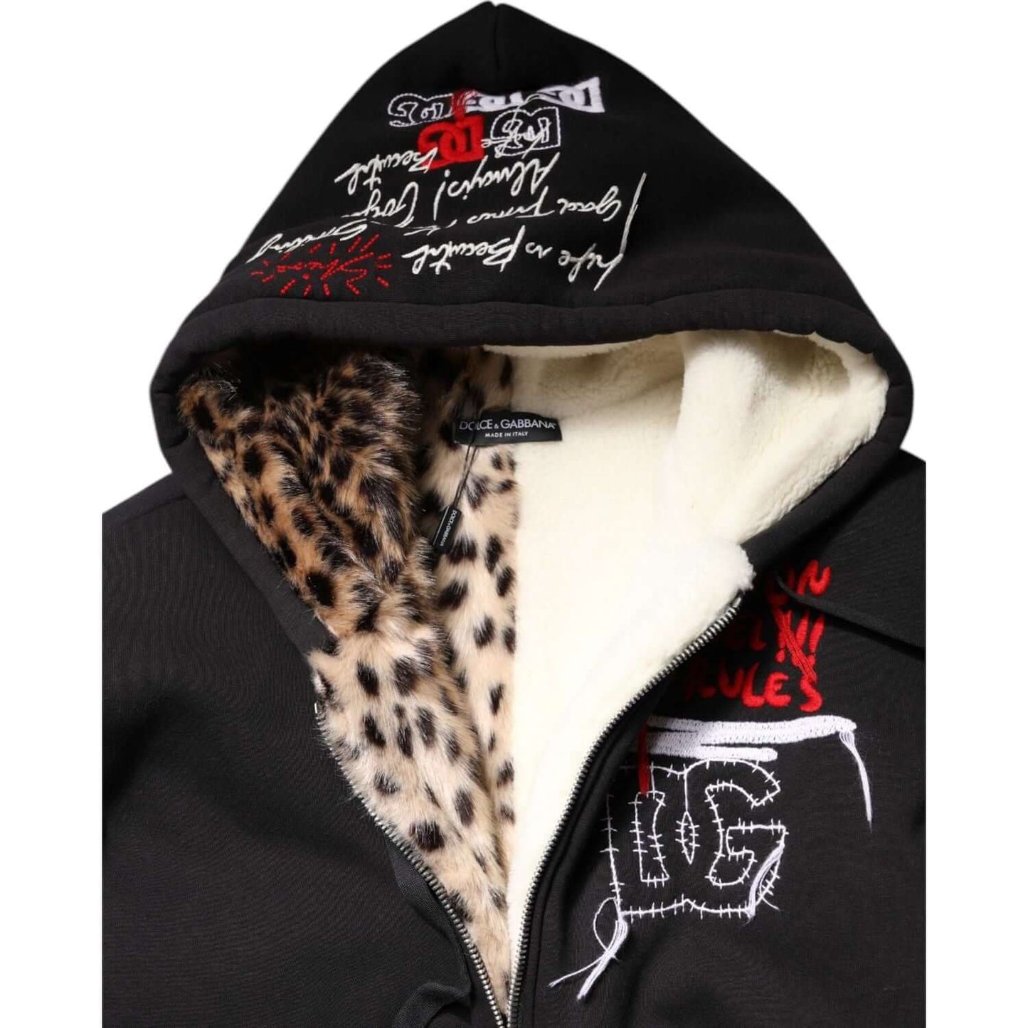 Dolce & Gabbana black embroidered hooded jacket with lining detail, full zip closure, and logo detail.